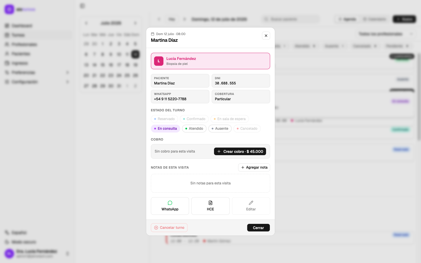 Detalle de turno: paciente, DNI, WhatsApp, cobertura y estado
